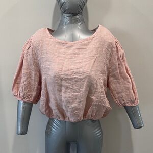 NWT Bellambra Cropped Short Puff Sleeve Linen Top Shirt Size Large Pale Pink